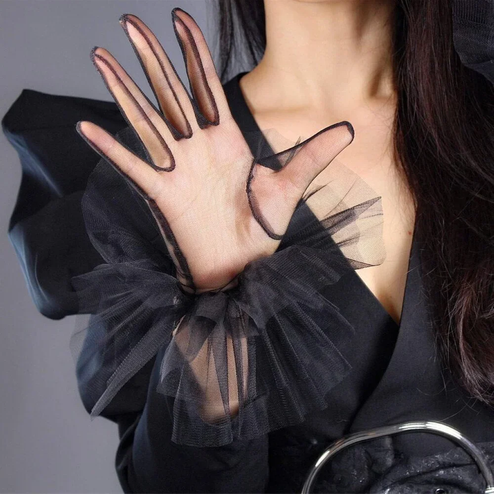 Women Mesh Ruffle Gloves White Wrist Dressy Evening Party Accessories